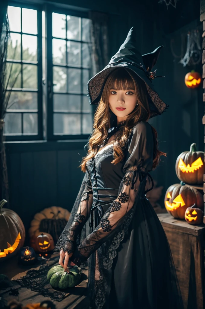 One Girl,(Sexy Lace Witch Costume:1.2),House with spooky Halloween decorations,Super detailed,Realistic:1.2,Sharp focus,Vibrant colors,Studio Lighting,Horror,Portraiture,Mysterious atmosphere,Luminous pumpkin,Creepy spider,Witch Hat,Scary masks,Haunted Furniture,Dark and eerie shadows,Moonlight shining through the window,Ghost Appearance,Witch's broom,Foggy atmosphere,Witch's Cauldron,Bats flying in the background,Walls covered with cobwebs,Magic Spellbook,Orange and black color scheme,The eyes of a mysterious girl piercing through the darkness,Mix 4, whole body, Big Breasts