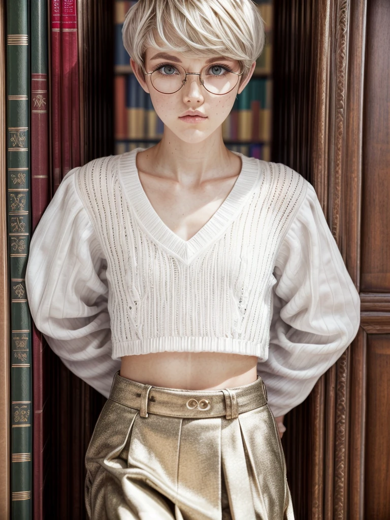 1girl, elegant bearing, small, slender build, short height, narrow shoulders, pale skin dotted by freckles, short platinum blonde hair, (((pixie cut hairstyle))), (((boyish hair))), (dark green eyes), silver glasses, cute facial features with an underlying elegance, thin lips, small breasts, 15 years old female, RAW photo, ((slim body: 1)), (HQ skin: 1.4), 8k uhd, dslr, soft light, high quality, ((school uniform, white clothes, gold accents, (looking at viewer:1.4), library
