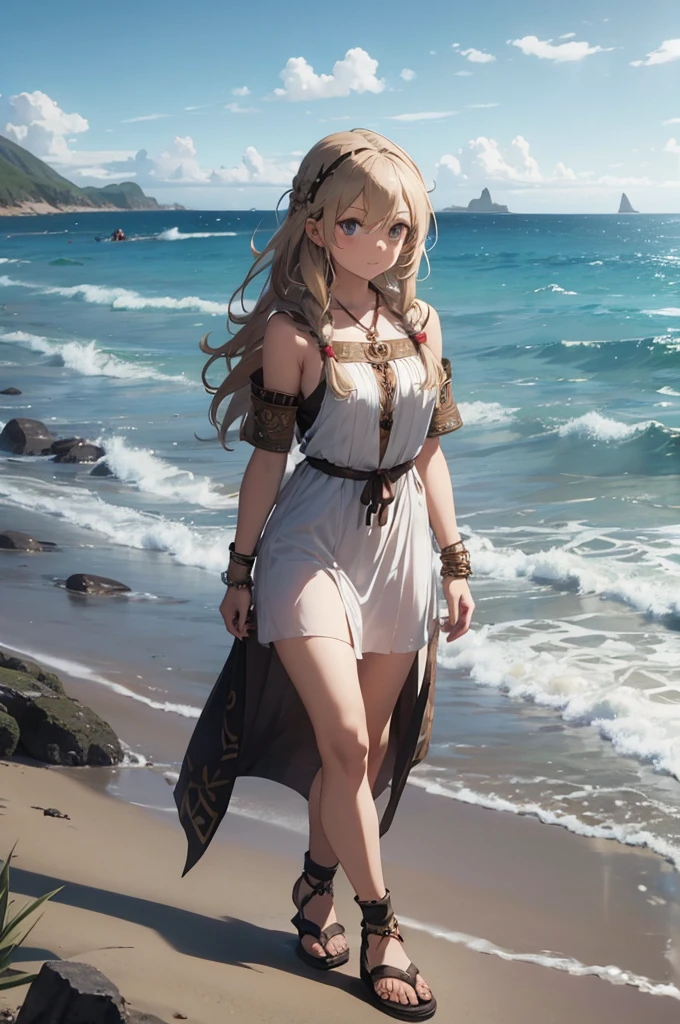 a young woman walking along a beach dressed up as a viking woman, 1girl, solo, long hair, outdoors, jewelry, sandals, dress