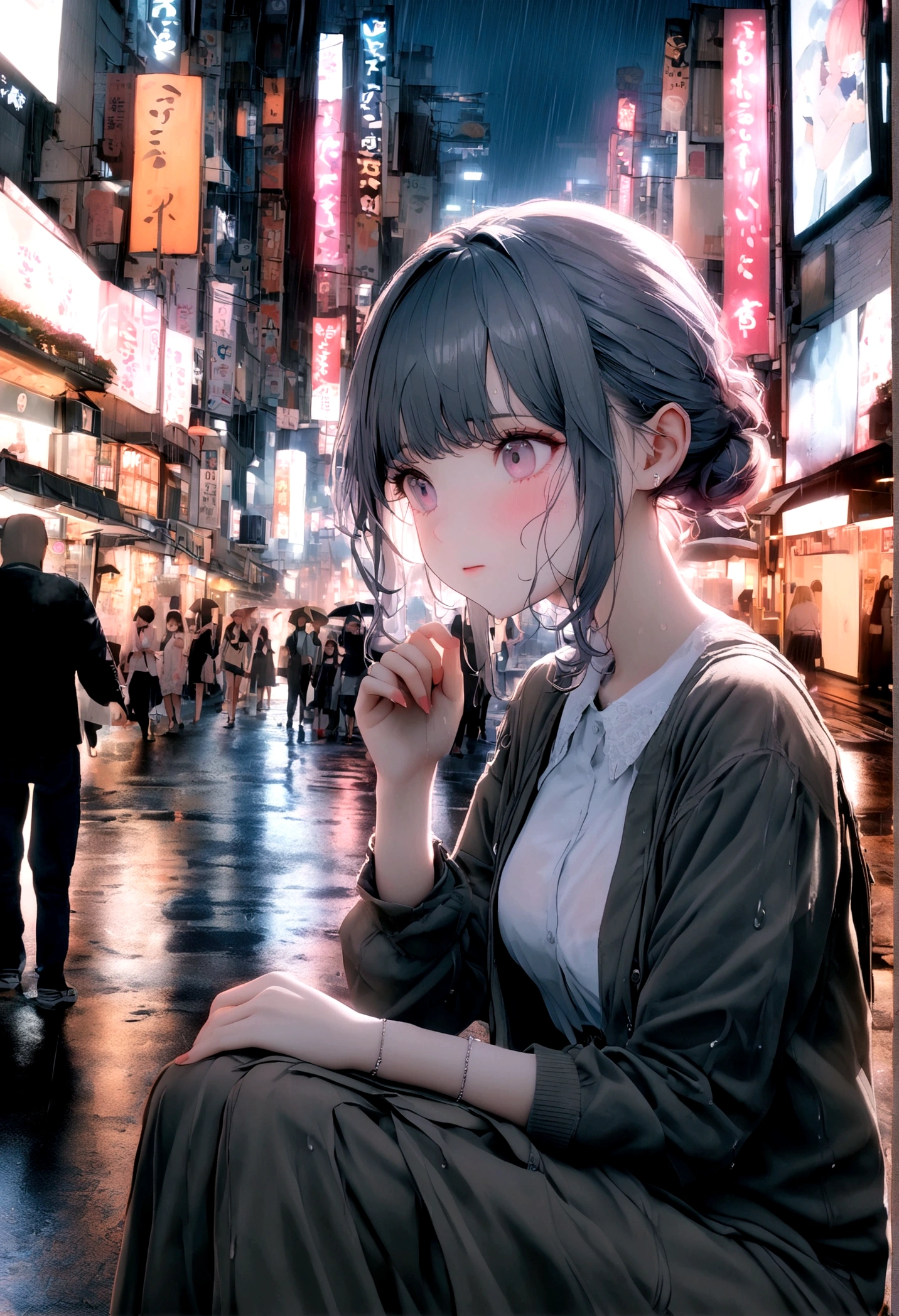8K, RAW photos, best quality, masterpiece:1.2),(Practical, photo-Practical:1.37),Tokyo Street,night, rain, wet,city View,night, Cyberpunk City,Soft Light,1 girl,, Extremely beautiful face,Break,Hands down,Casual hairstyle,Random hair color,Random Expression,Pigsney