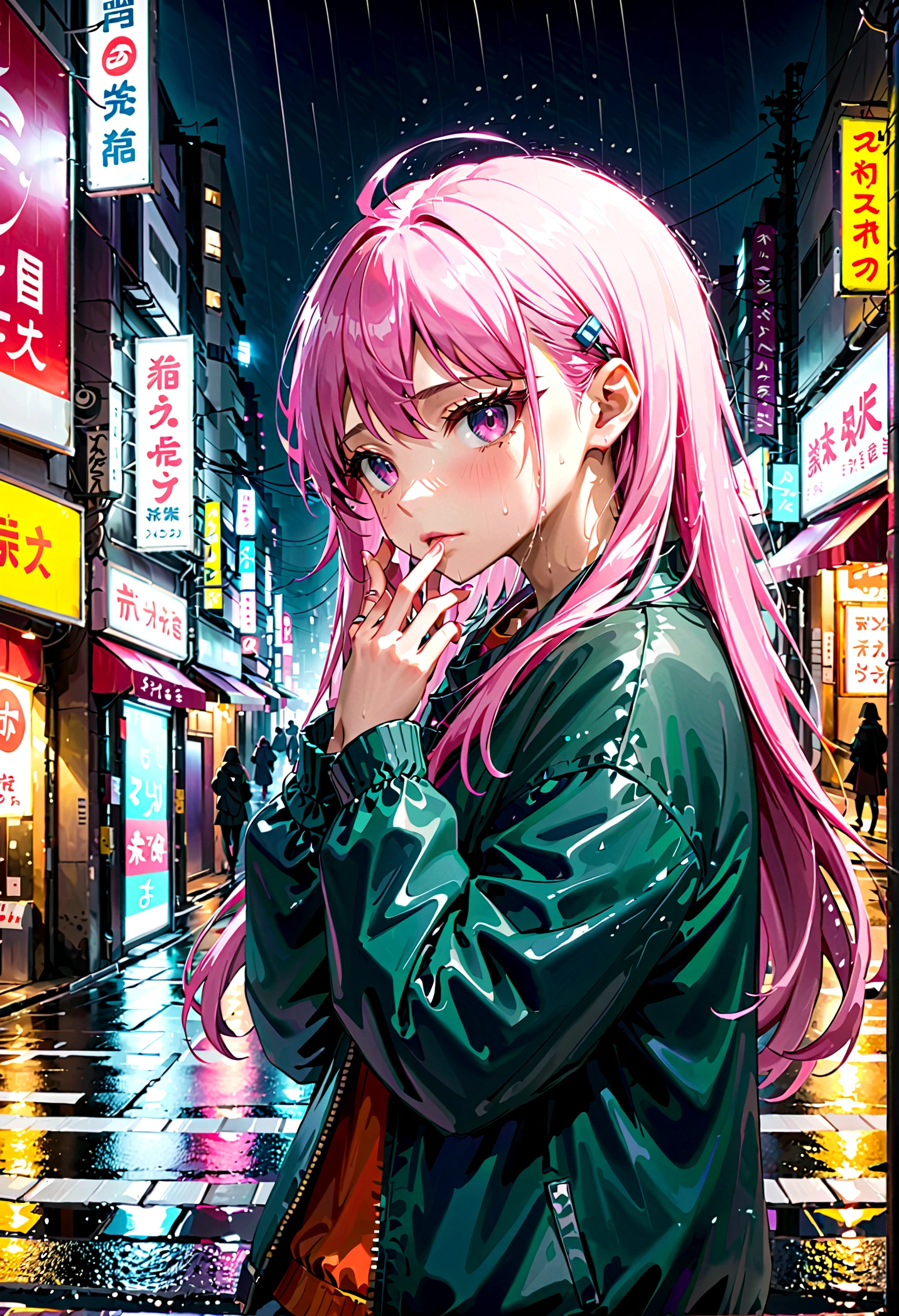 8K, RAW photos, best quality, masterpiece:1.2),(Practical, photo-Practical:1.37),Tokyo Street,night, rain, wet,city View,night, Cyberpunk City,Soft Light,1 girl,, Extremely beautiful face,Break,Hands down,Casual hairstyle,Random hair color,Random Expression,Pigsney