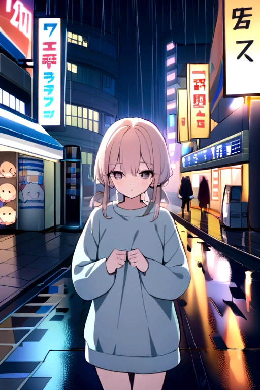 8K, RAW photos, best quality, masterpiece:1.2),(Practical, photo-Practical:1.37),Tokyo Street,night, rain, wet,city View,night, Cyberpunk City,Soft Light,1 girl,, Extremely beautiful face,Break,Hands down,Casual hairstyle,Random hair color,Random Expression,Pigsney