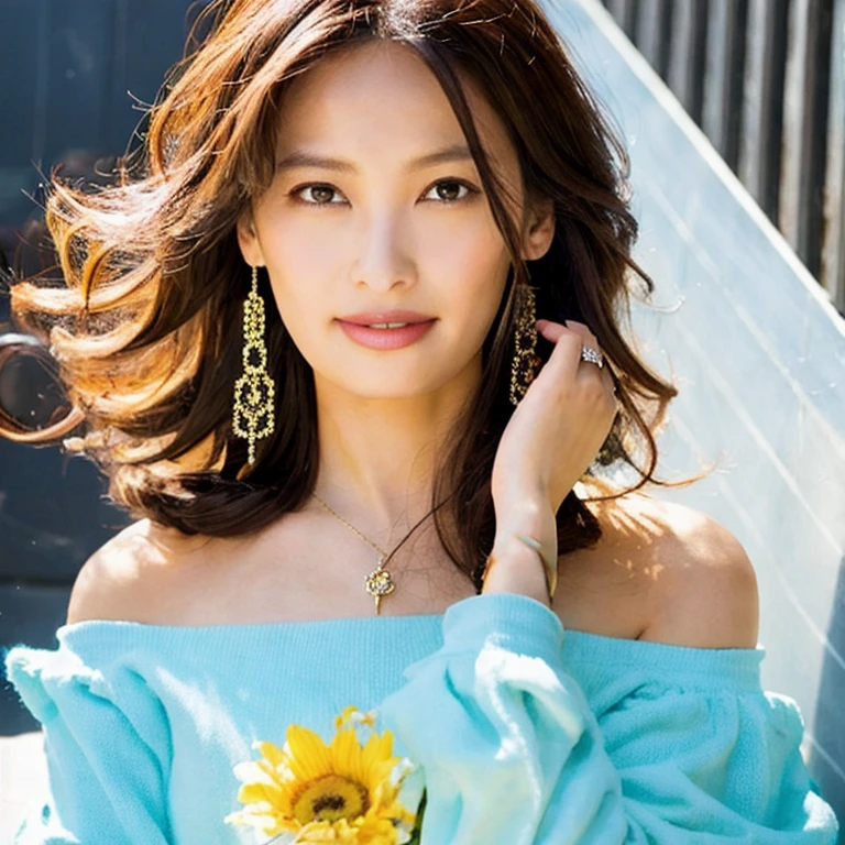 最high quality, 8k, 32K, masterpiece, 超High resolution:1.2),(Model shooting style), (shy),超High resolution,(Realistic:1.4), ((最high quality)), ((masterpiece)), (Familiar),Smooth lighting,(Rembrandt Lighting), ARRI Lens,8k,uhd,ARRI ALEXA 35, Dramatic Rim Light, high quality,Very delicate and beautiful, 素晴らしいmasterpiece, Very detailed, High resolution,Best Shot, Best Shadow,Complex,Sharp focus, Focus distance 100mmf/2.8,high quality,Japanese actress,1 person,Beautiful mature woman with long wavy hair, She is attractive, sexy,Beautiful Japanese Women Photos, Large Breasts,Upper Body,Face Focus, necklace, Tropical background, From above, View your viewers,Loose sweater,Crochet fabric with allover sequin embellishment