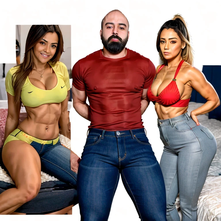 (masterpiece, best quality:1.2, realista), (((um homem)) de camiseta vermelha e calça jeans no meio de duas mulheres magras lindas latinas com tesão), sentados num sofá em uma sala, idade 30 anos, fitness body flertando, muito realista, bem detalhado, cores correspondentes, rostos bem definidos, (((homem no meio))), (((man in the middle)))