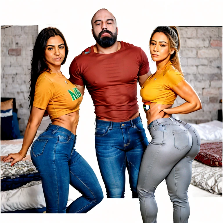 (masterpiece, best quality:1.2, realista), (((um homem)) de camiseta vermelha e calça jeans no meio de duas mulheres magras lindas latinas com tesão), deitados em uma cama em um quarto, idade 30 anos, fitness body flertando, muito realista,  bem detalhado, cores correspondentes, rostos bem definidos, (((homem no meio))), (((man in the middle))), 