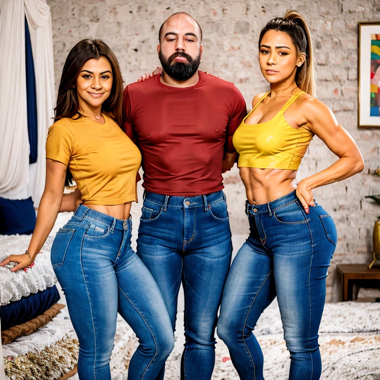 (masterpiece, best quality:1.2, realista), (((um homem)) de camiseta vermelha e calça jeans no meio de duas mulheres magras lindas latinas com tesão), deitados em uma cama em um quarto, idade 30 anos, fitness body flertando, muito realista,  bem detalhado, cores correspondentes, rostos bem definidos, (((homem no meio))), (((man in the middle))), 