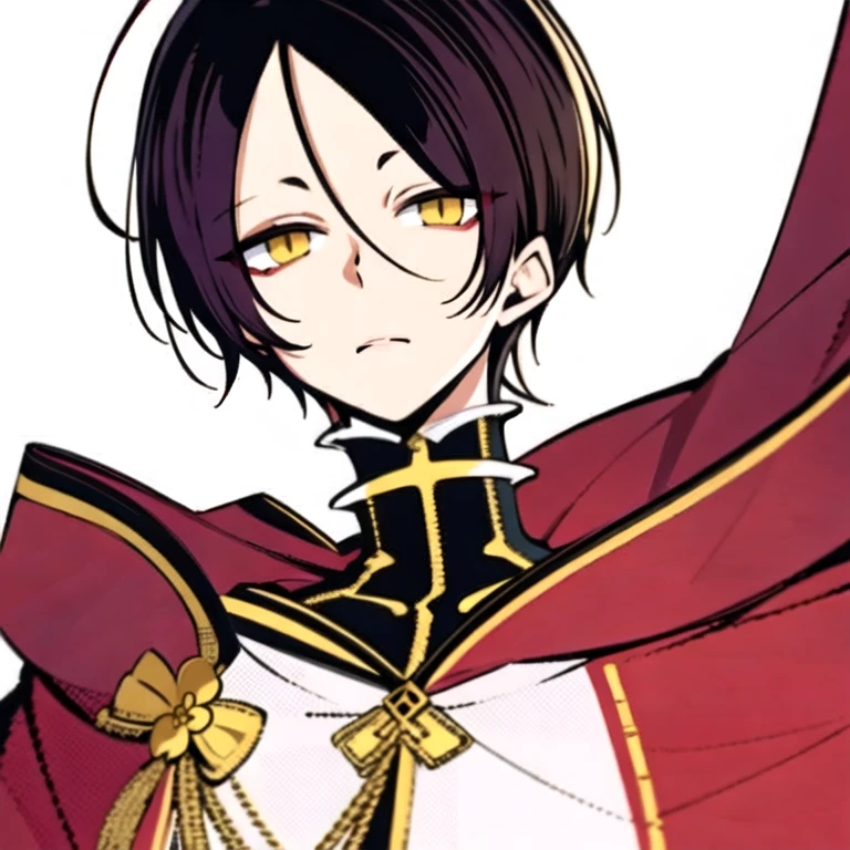 (masterpiece, best quality:1.2), hui xiyi,1boy,hair between eyes,looking at viewer,sash,short hair,solo,yellow eyes,rekkyo sensen,forehead,short eyebrow