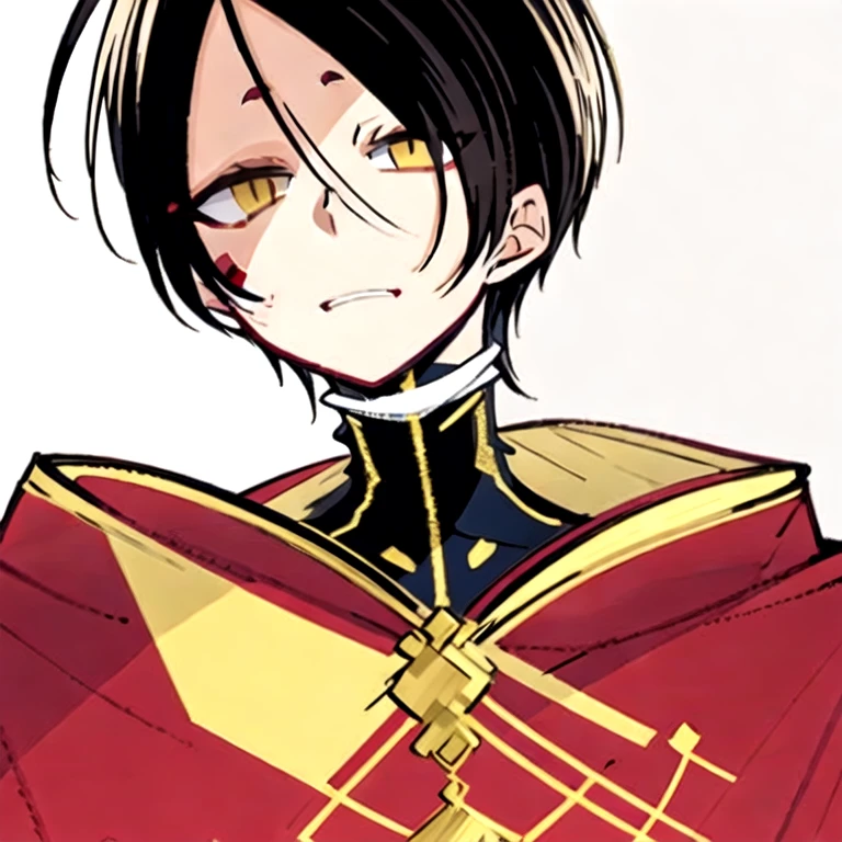 (masterpiece, best quality:1.2), hui xiyi,1boy,hair between eyes,looking at viewer,sash,short hair,solo,yellow eyes,rekkyo sensen,forehead,short eyebrow