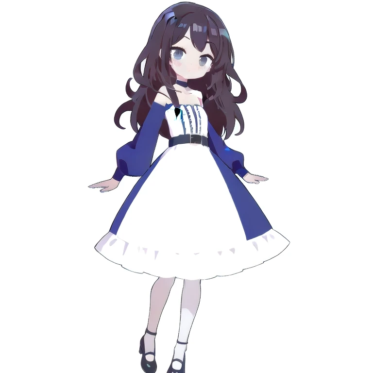 (masterpiece, best quality:1.2), 1girl, solo, black choker, black footwear, blue dress, blush, choker, collarbone, dress, frills, long hair, long sleeves, looking at viewer, pantyhose, shoes, swept bangs, white legwear,blue clothes,one side up,nun,monk clothes,monk,sister clothes,cross, off-shoulder sleeves, belts