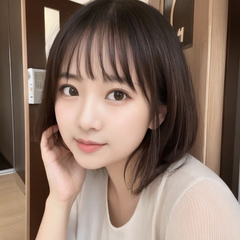 （傑作）、(最高品質:1.5)、(16kの壁紙:1.2)、(フォトリアリスティック:1.2)、(超詳細な:1.2)、(超A high resolution:1.2),(超現実的), (高解像度),  (写実的な), (後処理), (非常に詳細),(鋭い焦点), 鮮明なフォーカス:1.2,バックライト, 明るい光, (品質の向上:1.4),（解剖学的に正確な身体）、((女性1名:1.4))、日本人、アジア人、リアルな肌、（小胸：1.4）,完璧な体型のかわいい女性:1.4,(正面から:1.5), (肌の質感の美しさを高める:1.1), (美しい細かい目), (詳細な顔),美しい現実的な顔,ノーメイク、(ふっくらとした頬)、美しい黒髪、最高の笑顔、ナチュラルカラーリップ、揃った前髪、前髪で眉毛を隠す、((29歳の女性))、ボブヘア、風に吹かれる髪, (黒髪, 黒目, ((ショートボブカットヘアー)), 小さなイヤリング,), 耳の後ろの髪、化粧をしていない、(タレ目)、目尻が下がっている、 