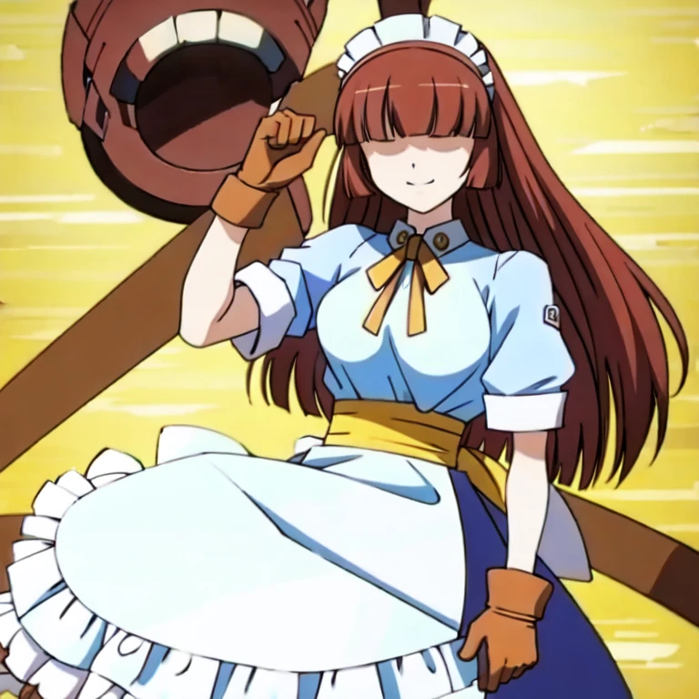 (masterpiece), 1girl, solo, shizuka, long hair, strong, (hair over the eyes), brown hair, brown gloves, maid,