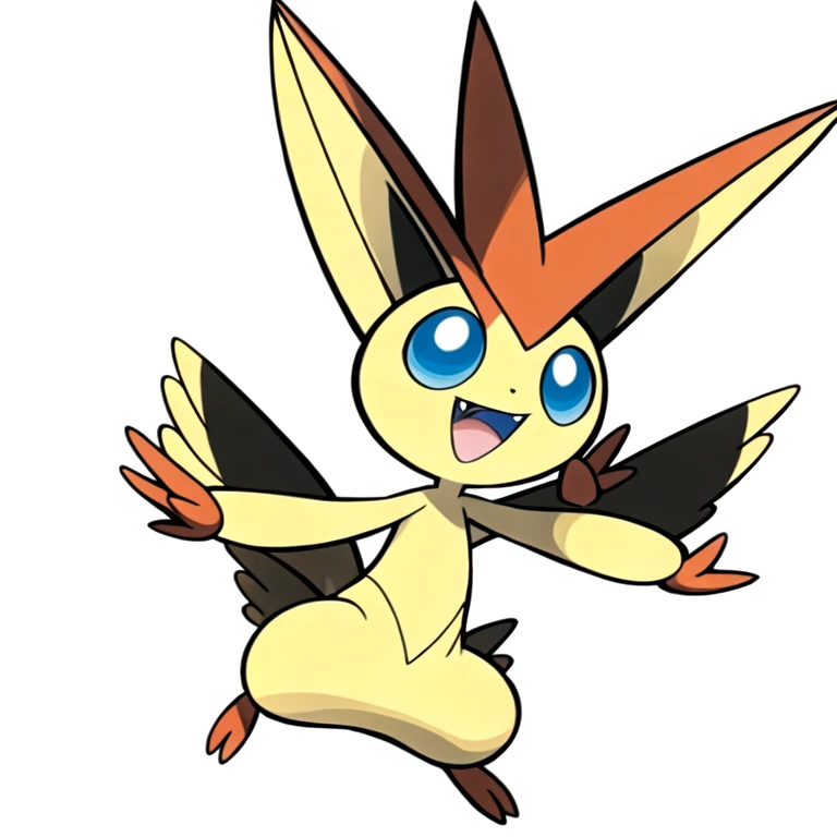 (masterpiece, best quality:1.2),solo,victini \(pokemon\),pokemon \(creature\),full body,no humans,blue eyes,happy,looking at viewer,open mouth,smile,wings,teeth