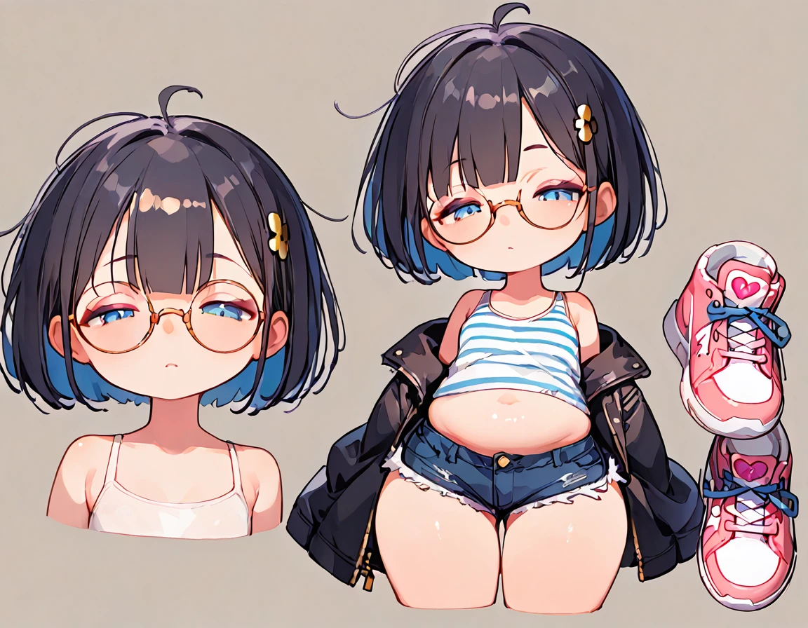 (masterpiece), (best quality), ((ultra-detailed)), (high resolution), (an extremely delicate and beautiful, super fine illustration), official art, BREAK (1girl), (:1.8), (tiny girl:1.6), (8yo)lat chest:1.4), (Plump:1.2), (thick stomach:1.3), (Thick thighs:1.8), (big ass:1.5erect nippHuge alarge nipples, nipples:1.4),nipples, oily sEAK droopy eyemeraldyes:1.3), (bad mood:1.5), (clear face:1.5), (half closed eyes:2.1), BREAK (bob cut:1.3), tired hair, messy hair, blue colored inner hair, Black hair color, (girl wearing round black glasses), BREAK (blue striped cropped white tank top:1.7), (cropped black jacket:1.6), (micro shorts:1.5), (pink sneakers:1.4), (front view:1.5), full body,