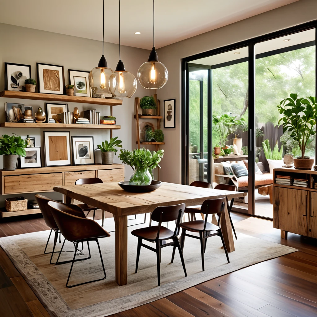 Design an inviting dining space that merges modern design with rustic charm. The dining area features a wooden table with a variety of seating options, including sleek modern chairs and rustic wooden chairs. The walls are decorated with a gallery of framed artworks and shelves filled with books and decorative items. Hang a unique pendant light above the table to provide ambient lighting. Incorporate potted plants on the table and throughout the room to add greenery and a natural touch. Ensure the room is well-lit with natural light to create a warm and welcoming atmosphere