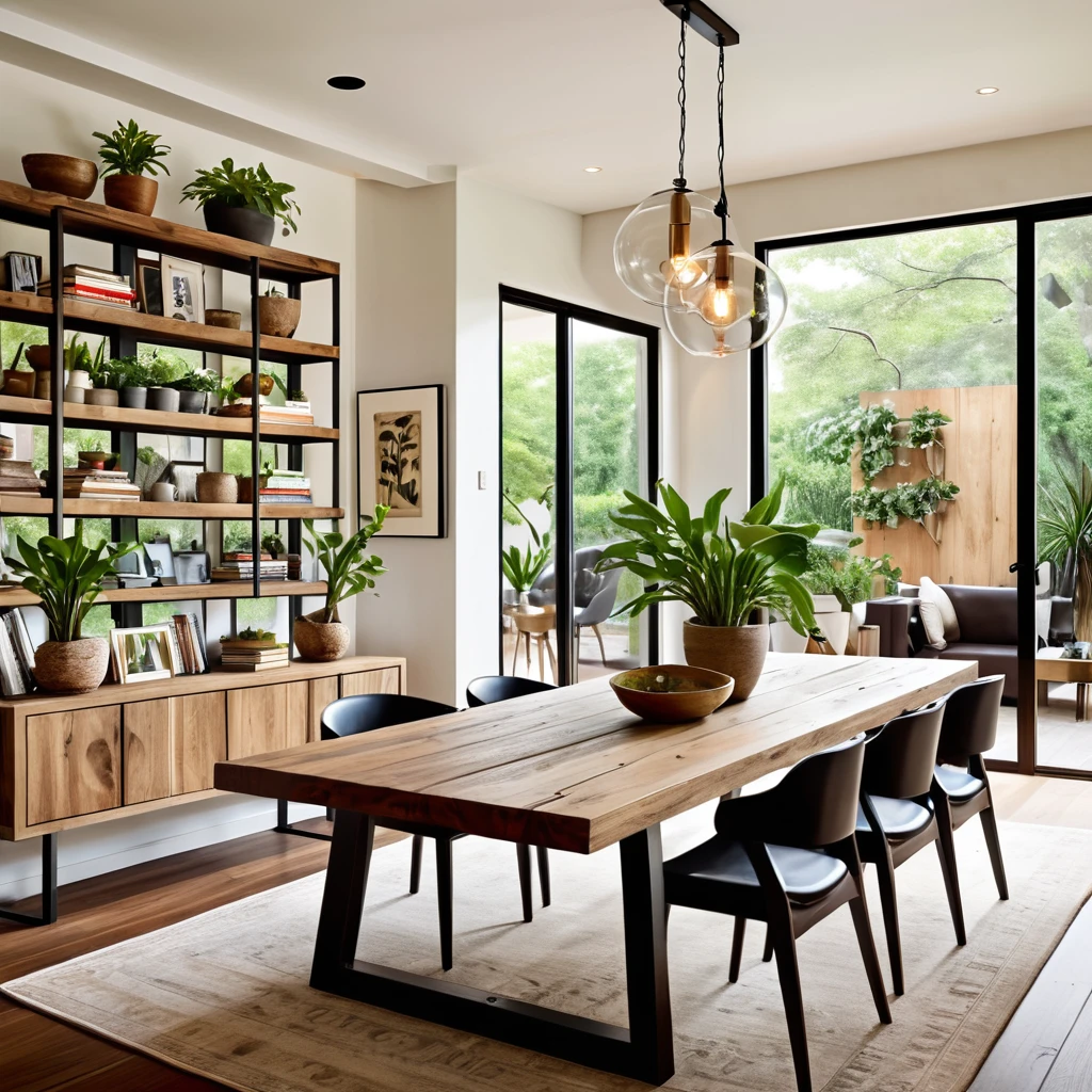 Design an inviting dining space that merges modern design with rustic charm. The dining area features a wooden table with a variety of seating options, including sleek modern chairs and rustic wooden chairs. The walls are decorated with a gallery of framed artworks and shelves filled with books and decorative items. Hang a unique pendant light above the table to provide ambient lighting. Incorporate potted plants on the table and throughout the room to add greenery and a natural touch. Ensure the room is well-lit with natural light to create a warm and welcoming atmosphere