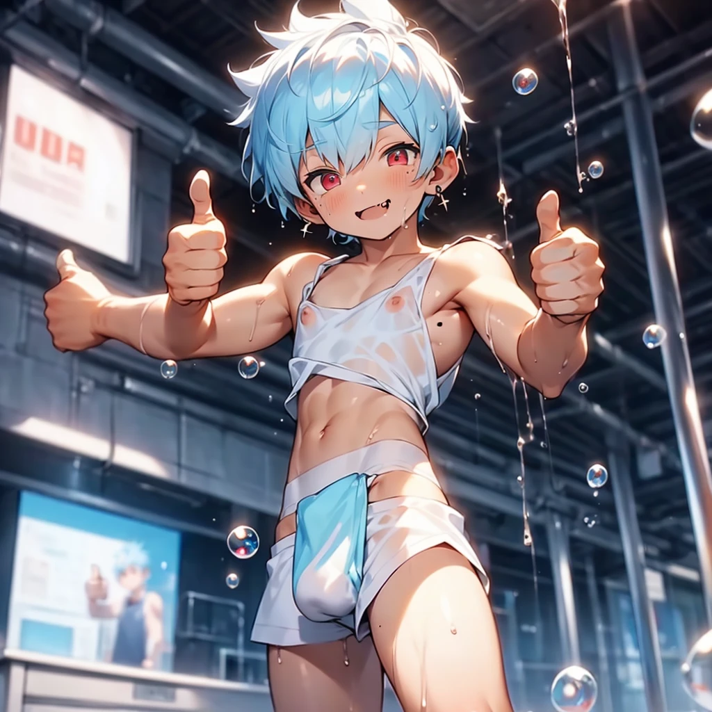 ((solo)), (boldline:-1.6), (dynamic pose:1.3), (arched back:1.3), ((bubble)), (thumbs up:1.5), (spread legs:1.4), (standing:1.5), (((fang))), (((best finger))), BREAK (best quality:1.5), (absolutely resolution:1.5), (ultra detailed:1.5), (masterpiece:1.5), (perfect face:1.5), (detailed face:1.3), (detailed eyes:1.5), (best eyes:1.5), (cute face), (shota:1.9), BREAK (white tank top:1.5), BREAK (white loincloth:1.5), (see throgh wet clothes:1.3), (bulge:1.6), (skinny:1.3), (spiked hair), BREAK (light blue hair:1.5), (wine red eyes:1.4), (eyes with highlight:1.6), ((mole under eye)), (sweaty skin), (chuckling:1.5), ((earrings)), (shiny skin:1.3), BREAK (nature), (river), (forest), (sunlight), ((wind blowing)), ((nipple)), (abs), groin, water splashing, (from below),