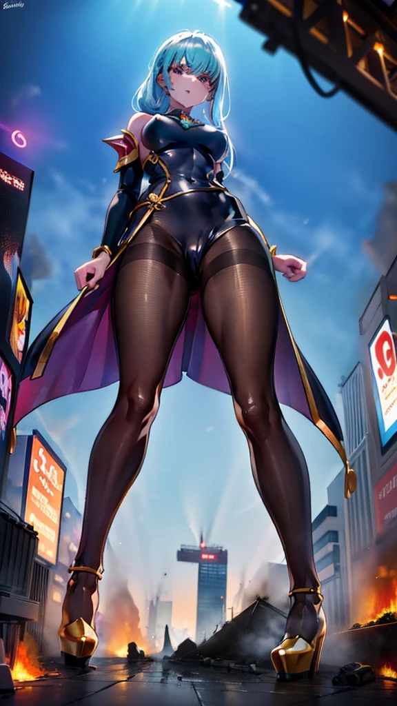 A colossal giantess succubus walks into a tiny city, breaking the floor and everything with her heels, she looks down and mocks you as you see him from below her tiny tits, full bodysuit  and long legs covered all in transparent pantyhose, look down, evil, better quality, close, photo under her, destruction, death tinys, tiny people, tiny humans, blood, death people, crushed, hentai, fetish