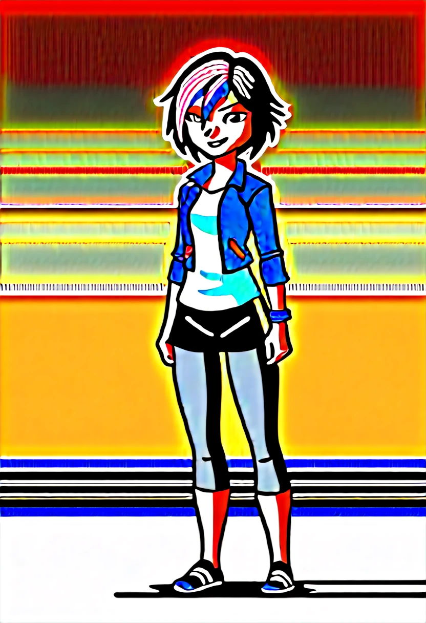 score_9, score_8_up, score_7_up, BREAK,gogotomago, 1girl, solo, short hair, black hair, jewelry, jacket, lo purple hair, shorts, bracelet, makeup, casual, cropped jacket, leggings, sleeves pushed up, capri pants, black leggings, cowboy shot, brown eyes, looking at the viewer, medium breasts,outdoors,city, full body, ((wetting self, pee stains, puddle))