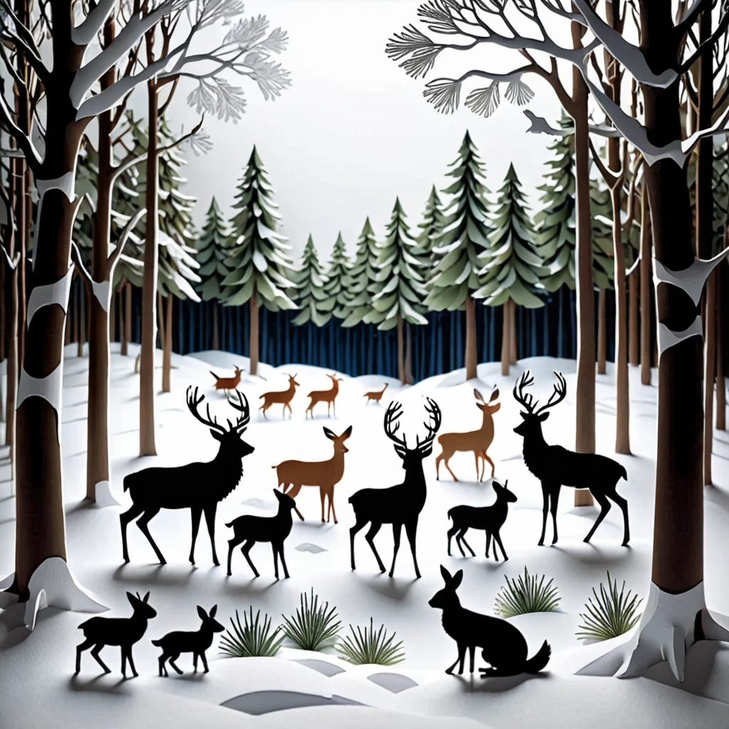 Create a detailed paper cutout artwork depicting a snowy landscape with animals. The scene should include a serene, snow-covered forest with tall trees and a blanket of snow on the ground. Various animals such as deer, foxes, rabbits, and birds should be shown interacting with the winter environment, some foraging for food and others playing in the snow. The artwork should capture the peacefulness and beauty of winter, highlighting the contrast between the white snow and the animals. The overall mood should be tranquil and heartwarming, showcasing the harmony between nature and wildlife in a winter setting.