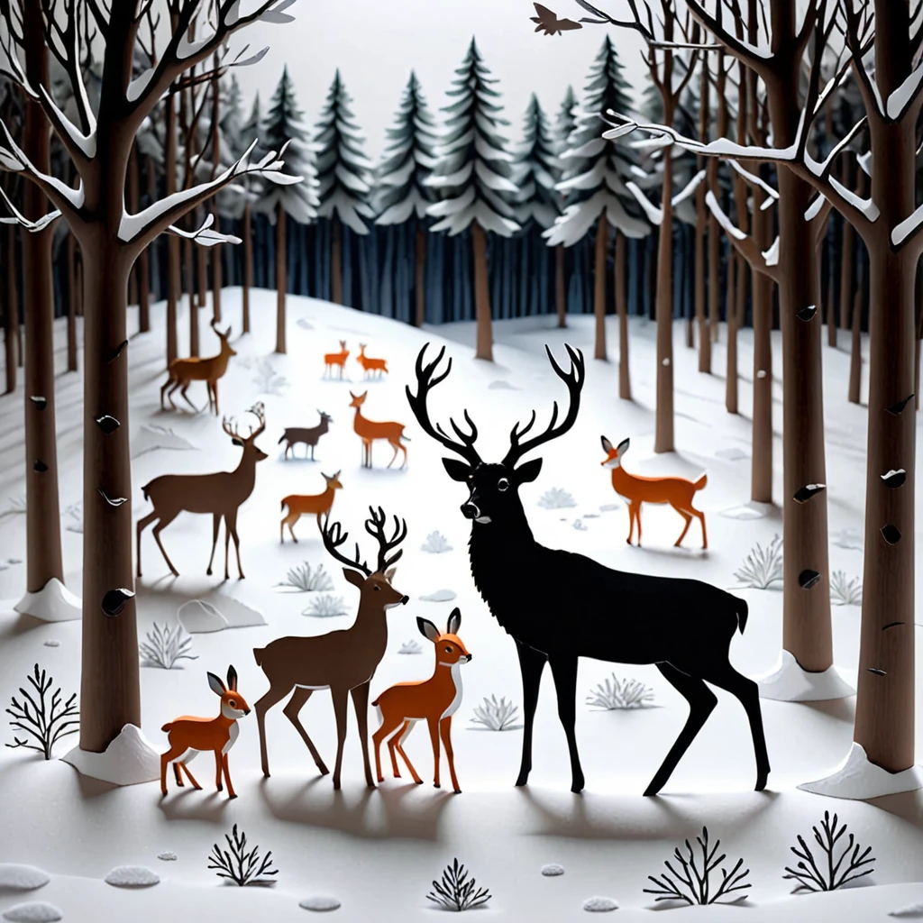 Create a detailed paper cutout artwork depicting a snowy landscape with animals. The scene should include a serene, snow-covered forest with tall trees and a blanket of snow on the ground. Various animals such as deer, foxes, rabbits, and birds should be shown interacting with the winter environment, some foraging for food and others playing in the snow. The artwork should capture the peacefulness and beauty of winter, highlighting the contrast between the white snow and the animals. The overall mood should be tranquil and heartwarming, showcasing the harmony between nature and wildlife in a winter setting.