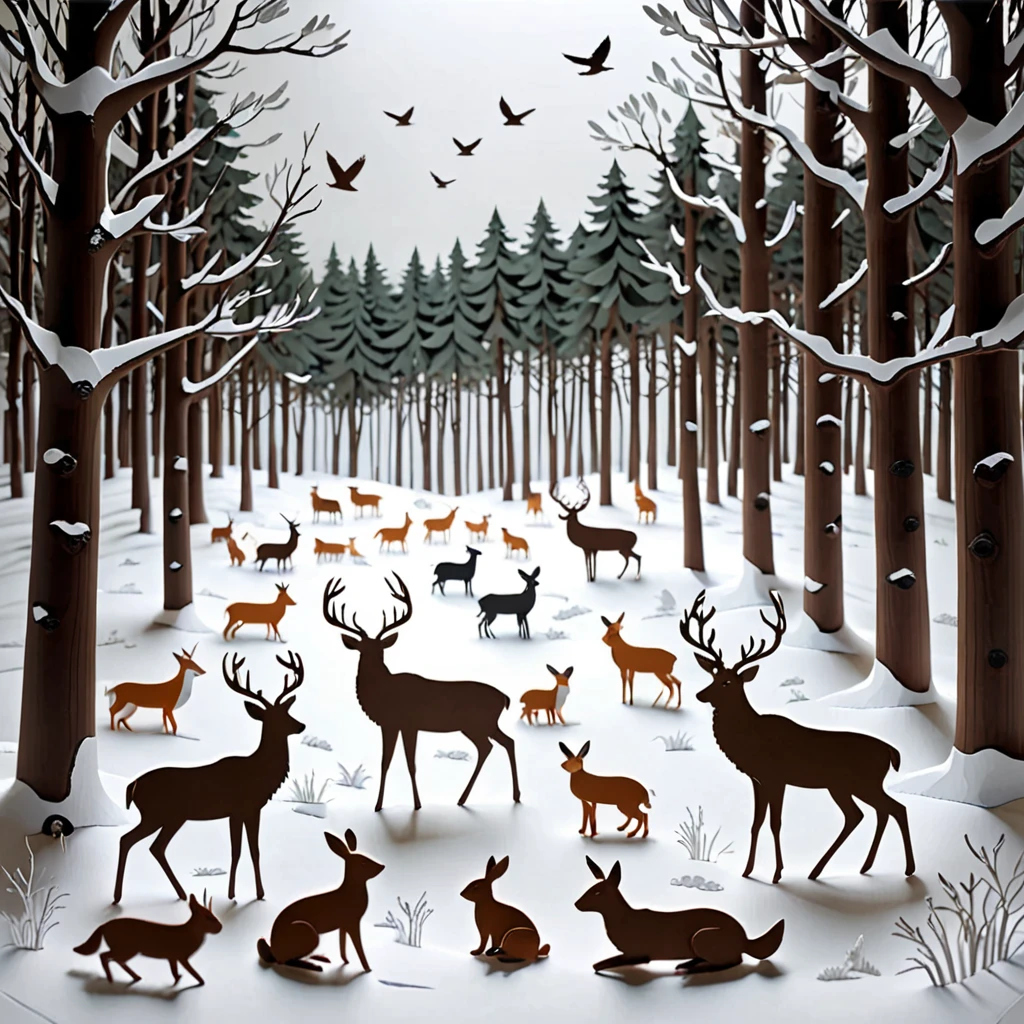 Create a detailed paper cutout artwork depicting a snowy landscape with animals. The scene should include a serene, snow-covered forest with tall trees and a blanket of snow on the ground. Various animals such as deer, foxes, rabbits, and birds should be shown interacting with the winter environment, some foraging for food and others playing in the snow. The artwork should capture the peacefulness and beauty of winter, highlighting the contrast between the white snow and the animals. The overall mood should be tranquil and heartwarming, showcasing the harmony between nature and wildlife in a winter setting.