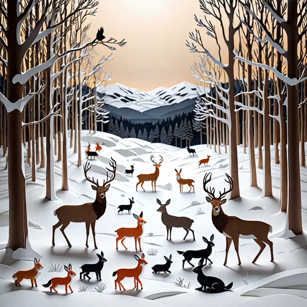 Create a detailed paper cutout artwork depicting a snowy landscape with animals. The scene should include a serene, snow-covered forest with tall trees and a blanket of snow on the ground. Various animals such as deer, foxes, rabbits, and birds should be shown interacting with the winter environment, some foraging for food and others playing in the snow. The artwork should capture the peacefulness and beauty of winter, highlighting the contrast between the white snow and the animals. The overall mood should be tranquil and heartwarming, showcasing the harmony between nature and wildlife in a winter setting.