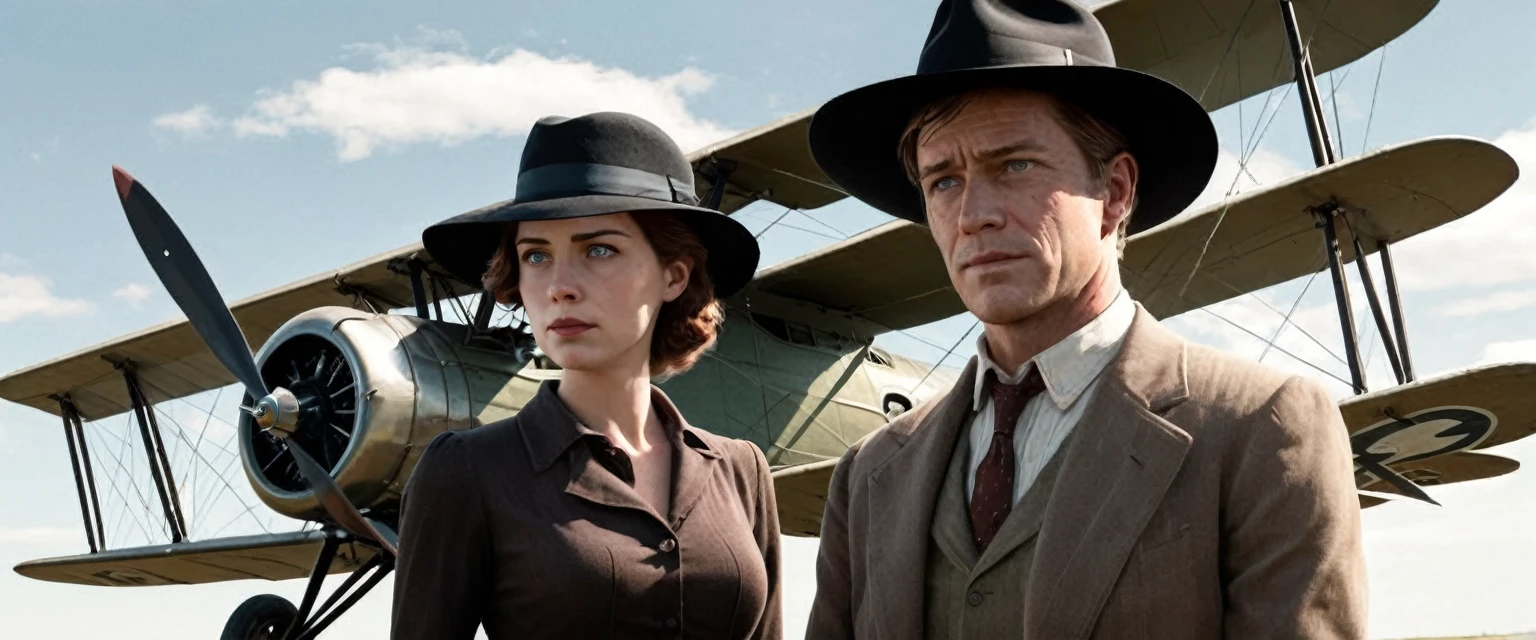a photo of a man and woman standing next to an old 1920s' bi plane, as illustrated in top cow comics, in the old west, featured on dribbble, kino's journey (2003), mystery and detective themed, valve promotional splash art, the 'american gothic' painting, ( ( large black hat ) ), twisted rays, scythe design, anato finnstark and kelogsloops