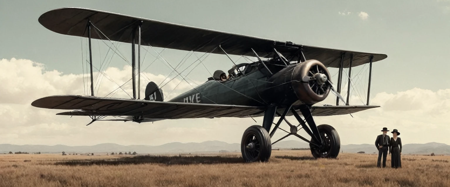 a photo of a man and woman standing next to an old 1920s' bi plane, as illustrated in top cow comics, in the old west, featured on dribbble, kino's journey (2003), mystery and detective themed, valve promotional splash art, the 'american gothic' painting, ( ( large black hat ) ), twisted rays, scythe design, anato finnstark and kelogsloops