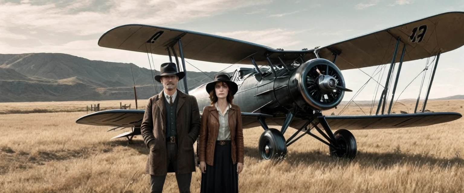 a photo of a man and woman standing next to an old 1920s' bi plane, as illustrated in top cow comics, in the old west, featured on dribbble, kino's journey (2003), mystery and detective themed, valve promotional splash art, the 'american gothic' painting, ( ( large black hat ) ), twisted rays, scythe design, anato finnstark and kelogsloops
