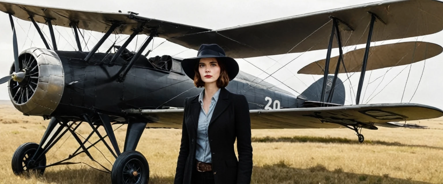 a photo of a man and woman standing next to an old 1920s' bi plane, as illustrated in top cow comics, in the old west, featured on dribbble, kino's journey (2003), mystery and detective themed, valve promotional splash art, the 'american gothic' painting, ( ( large black hat ) ), twisted rays, scythe design, anato finnstark and kelogsloops