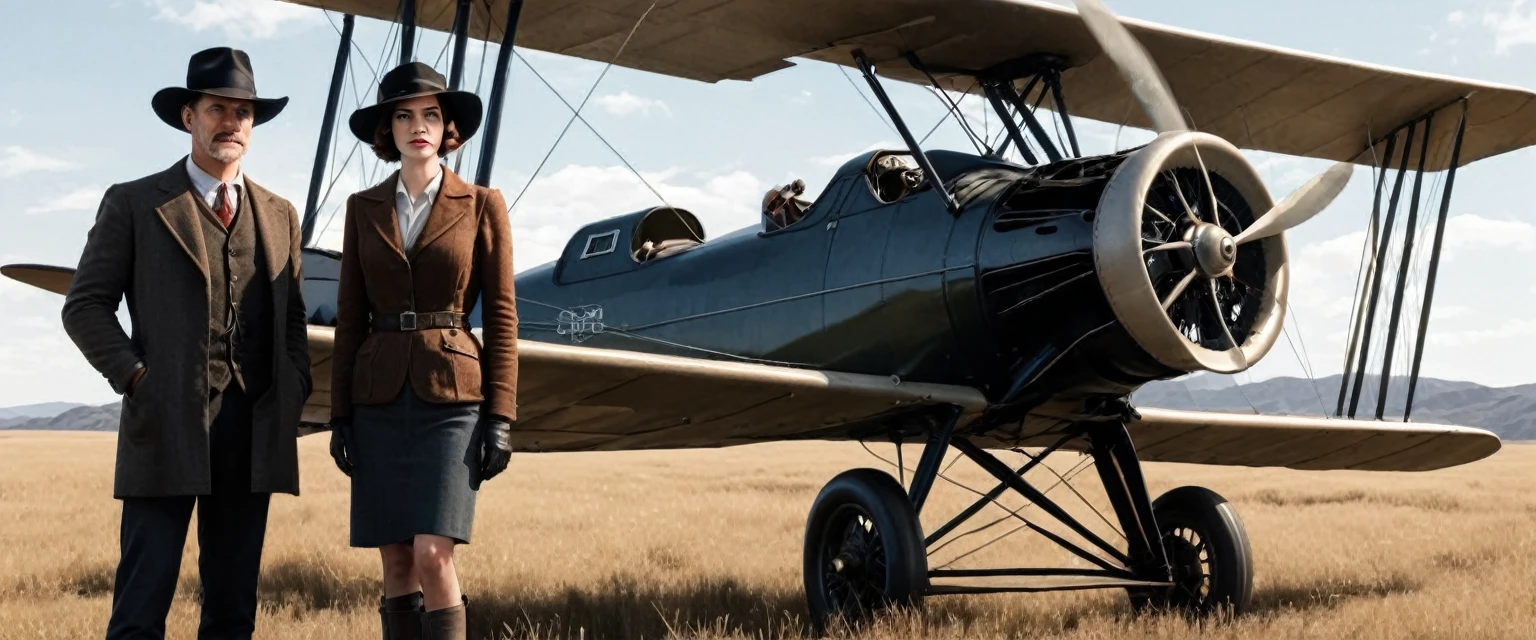 a photo of a man and woman standing next to an old 1920s' bi plane, as illustrated in top cow comics, in the old west, featured on dribbble, kino's journey (2003), mystery and detective themed, valve promotional splash art, the 'american gothic' painting, ( ( large black hat ) ), twisted rays, scythe design, anato finnstark and kelogsloops