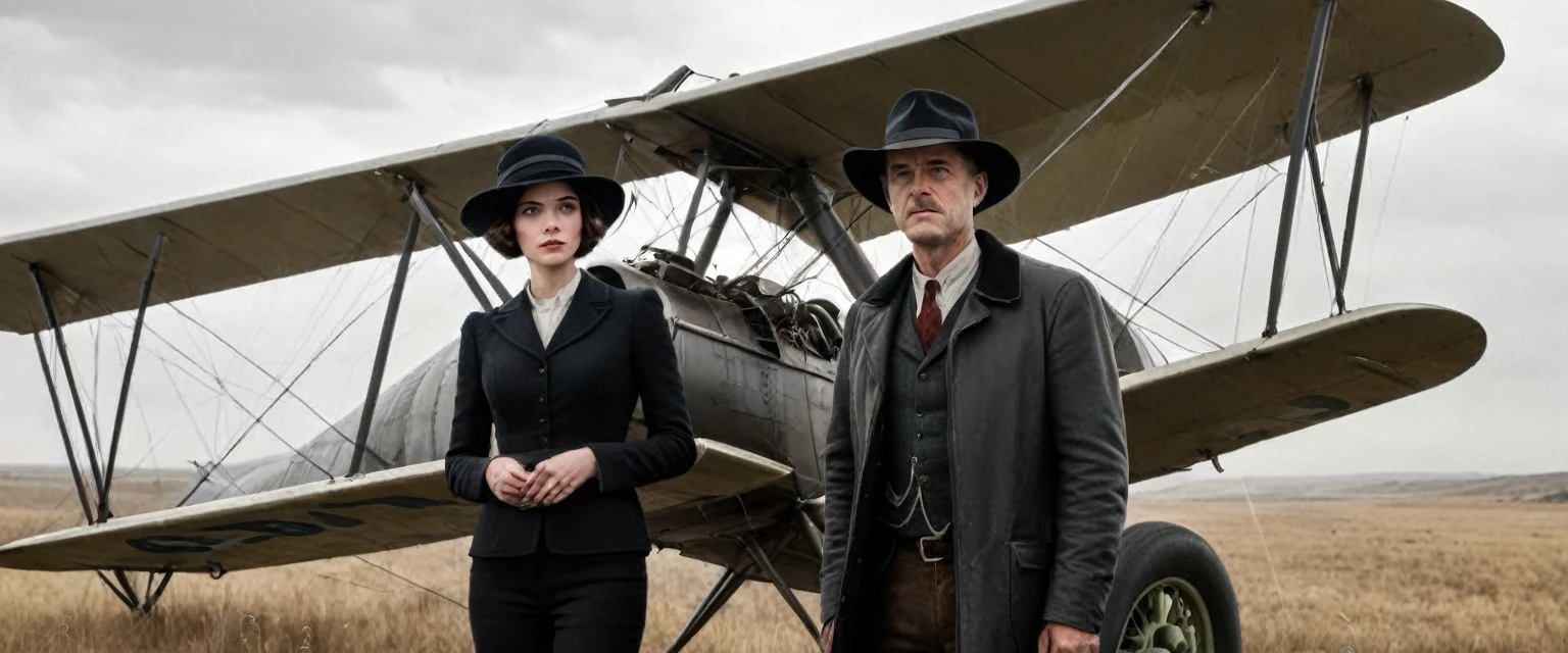 a photo of a man and woman standing next to an old 1920s' bi plane, as illustrated in top cow comics, in the old west, featured on dribbble, kino's journey (2003), mystery and detective themed, valve promotional splash art, the 'american gothic' painting, ( ( large black hat ) ), twisted rays, scythe design, anato finnstark and kelogsloops