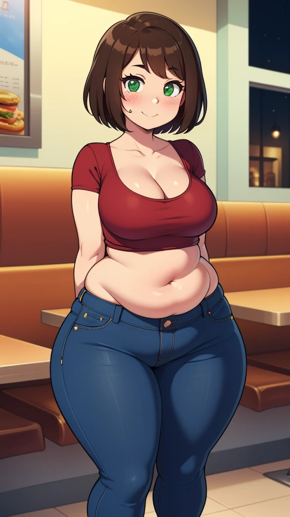 ((highres)), Masterpiece, high quality, best quality, beautiful, perfect lighting, detailed face, ultra cute face, looking at viewer, on a date, ((blush)), affectionate smile, ((1girl)), ((solo)), brown hair, fluffy hair, green eyes, jeans, crop top, tight clothes, fast food restaurant, medium breasts, cleavage, wide hips, ((thick thighs)), ((chubby)), chubby belly, standing, arms behind back, leaned over, cute pose,