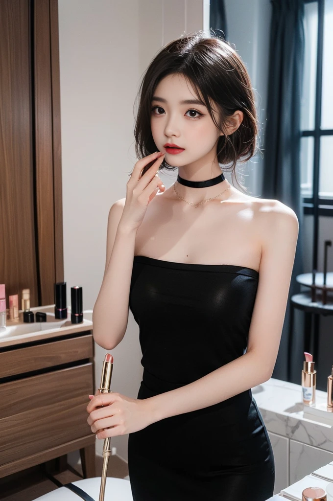 ((top quality, 8K, masterpiece: 1.3)), lens flare, full body shot, indirect lighting, (a faint smile : 1.3), ((1 woman, 20 years old), (beauty: 1.4), slim body, realistic skin, ((black medium hair : 1.3), (strapless mini dress, long legs, see-through pantyhose, choker necklace, precious metals, high heels), (Make-up room, closet, footboard, powder room), (face the makeup mirror, lower the upper body, stick ass out, put on lipstick, apply lips), 상체를 숙이다, 엉덩이를 빼다, very detailed look, very detailed lips, detailed eyes, precise gaze, beautiful student, Clear eye line, abundant eyelashes, double eyelid, detailed fingers, detailed legs, natural anatomy, cosmetics pouch, flour, cosmetics, Nail art, feminine accessories