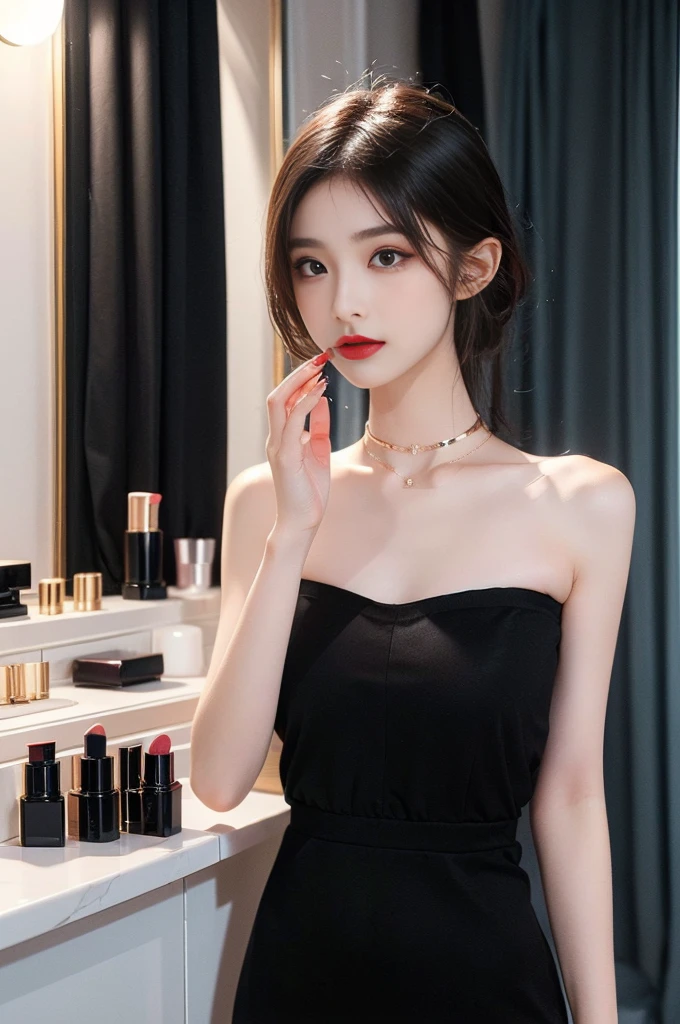 ((top quality, 8K, masterpiece: 1.3)), lens flare, full body shot, indirect lighting, (a faint smile : 1.3), ((1 woman, 20 years old), (beauty: 1.4), slim body, realistic skin, ((black medium hair : 1.3), (strapless mini dress, long legs, see-through pantyhose, choker necklace, precious metals, high heels), (Make-up room, closet, footboard, powder room), (face the makeup mirror, lower the upper body, stick ass out, put on lipstick, apply lips), 상체를 숙이다, 엉덩이를 빼다, very detailed look, very detailed lips, detailed eyes, precise gaze, beautiful student, Clear eye line, abundant eyelashes, double eyelid, detailed fingers, detailed legs, natural anatomy, cosmetics pouch, flour, cosmetics, Nail art, feminine accessories