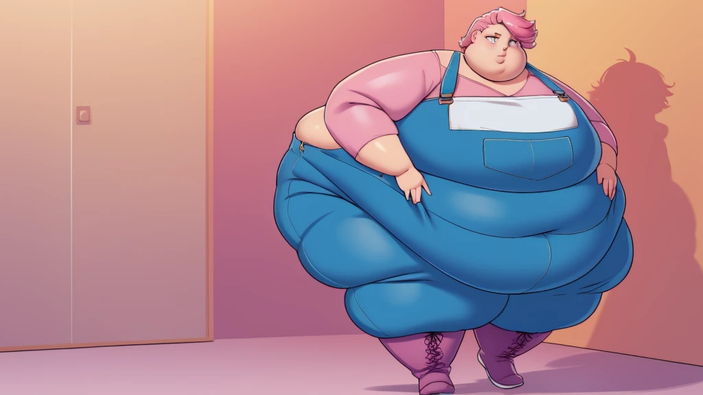 (Morbidly obese body:1.2)(Fat neck and chin:1.3)(Obese:1.1),fat, Slightly chubby, sad, farm backround, Full body, looking at viewer, 1girl, solo, short pink hair, (dark blue choker), (dark blue denim overalls), (purple eyes), (pink boots), (white shoulder lantern sleeve blouse, tucked in pants