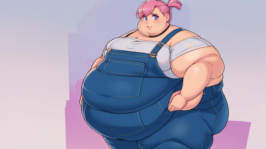 (Morbidly obese body:1.2)(Fat neck and chin:1.3)(Obese:1.1),fat, Slightly chubby, sad, farm backround, Full body, looking at viewer, 1girl, solo, short pink hair, (dark blue choker), (dark blue denim overalls), (purple eyes), (pink boots), (white shoulder lantern sleeve blouse, tucked in pants