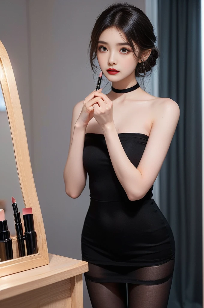 ((top quality, 8K, masterpiece: 1.3)), lens flare, full body shot, indirect lighting, (a faint smile : 1.3), ((1 woman, 20 years old), (beauty: 1.4), slim body, realistic skin, ((black medium hair : 1.3), (strapless mini dress, long legs, see-through pantyhose, choker necklace, precious metals, high heels), (Make-up room, closet, footboard, powder room), (face the makeup mirror, lower the upper body, stick ass out, put on lipstick, apply lips) , very detailed look, very detailed lips, detailed eyes, precise gaze, beautiful student, Clear eye line, abundant eyelashes, double eyelid, detailed fingers, detailed legs, natural anatomy, cosmetics pouch, flour, cosmetics, Nail art, feminine accessories