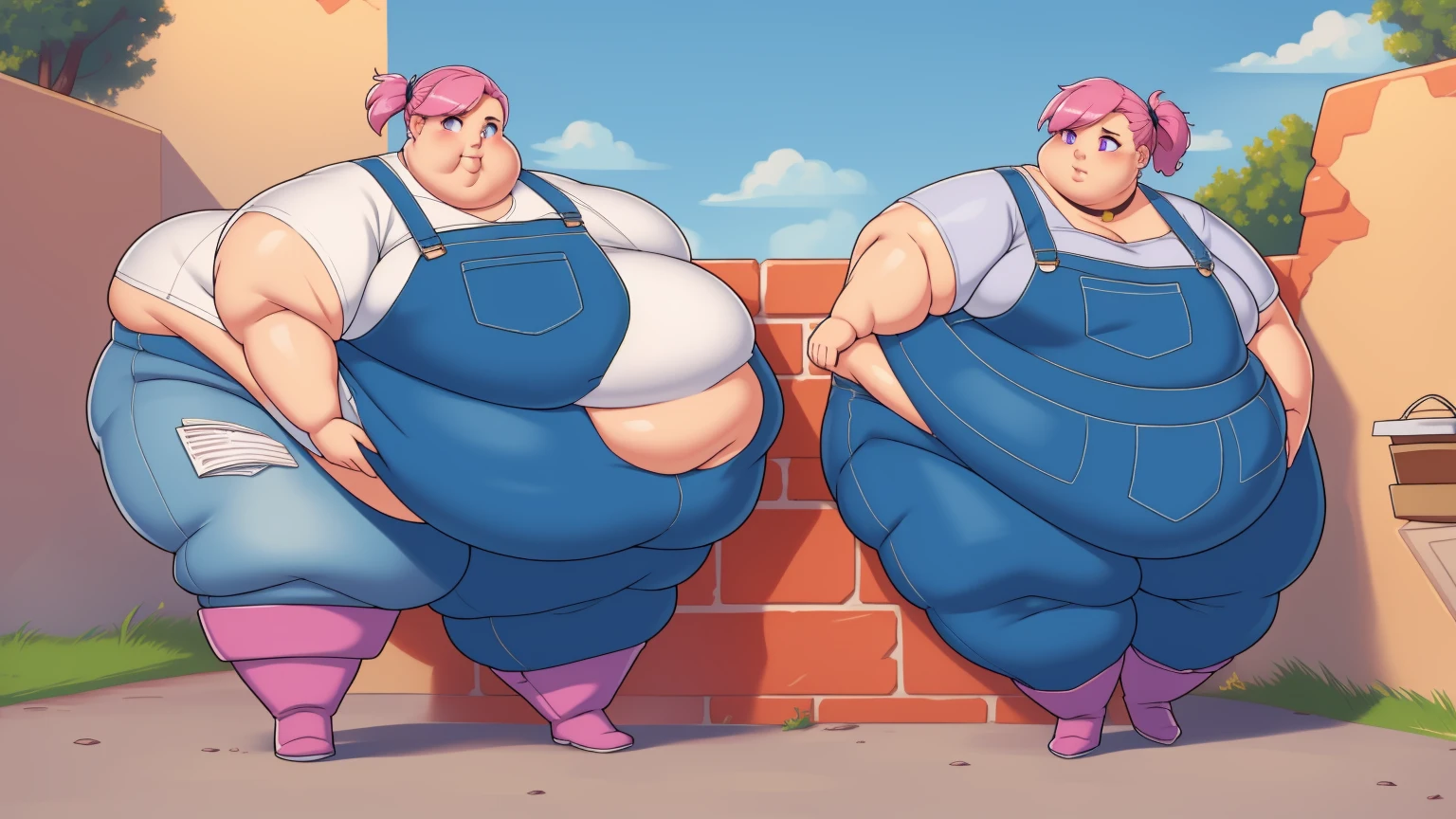 (Morbidly obese body:1.2)(Fat neck and chin:1.3)(Obese:1.1),fat, Slightly chubby, sad, farm backround, Full body, looking at viewer, 1girl, solo, short pink hair, (dark blue choker), (dark blue denim overalls), (purple eyes), (pink boots), (white shoulder lantern sleeve blouse, tucked in pants