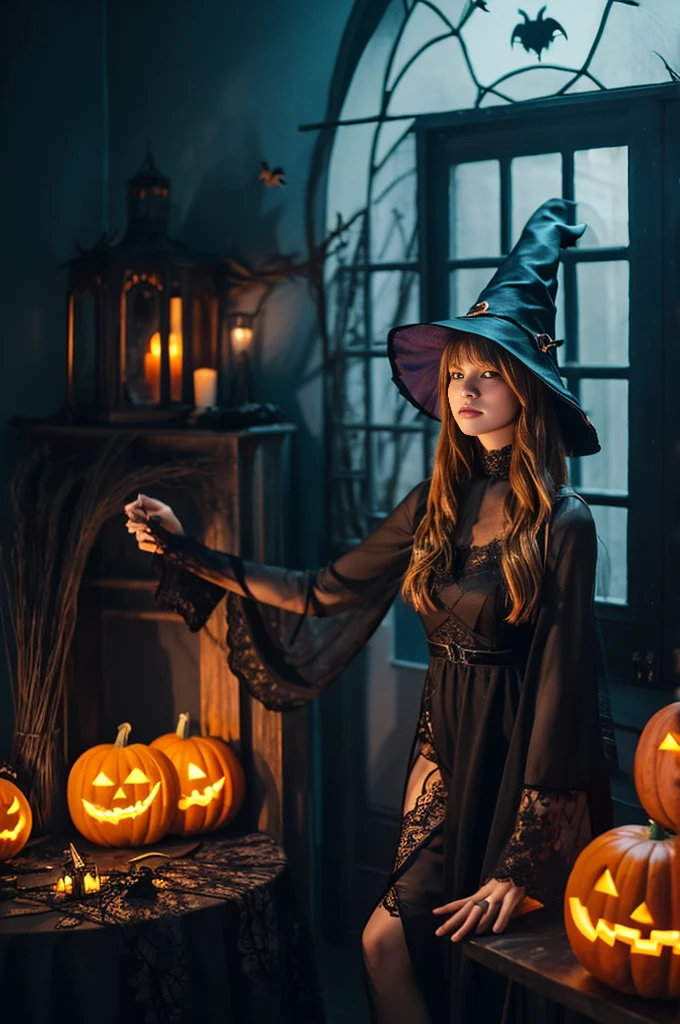 One Girl,(Sexy Lace Witch Costume:1.2),House with spooky Halloween decorations,Super detailed,Realistic:1.2,Sharp focus,Vibrant colors,Studio Lighting,Horror,Portraiture,Mysterious atmosphere,Luminous pumpkin,Creepy spider,Witch Hat,Scary masks,Haunted Furniture,Dark and eerie shadows,Moonlight shining through the window,Ghost Appearance,Witch's broom,Foggy atmosphere,Witch's Cauldron,Bats flying in the background,Walls covered with cobwebs,Magic Spellbook,Orange and black color scheme,The eyes of a mysterious girl piercing through the darkness,Mix 4, whole body, Big Breasts