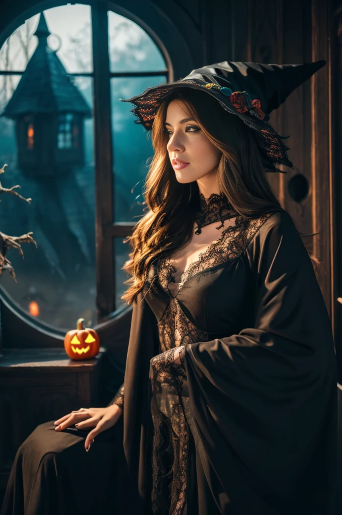 One Girl,(Sexy Lace Witch Costume:1.2),House with spooky Halloween decorations,Super detailed,Realistic:1.2,Sharp focus,Vibrant colors,Studio Lighting,Horror,Portraiture,Mysterious atmosphere,Luminous pumpkin,Creepy spider,Witch Hat,Scary masks,Haunted Furniture,Dark and eerie shadows,Moonlight shining through the window,Ghost Appearance,Witch's broom,Foggy atmosphere,Witch's Cauldron,Bats flying in the background,Walls covered with cobwebs,Magic Spellbook,Orange and black color scheme,The eyes of a mysterious girl piercing through the darkness,Mix 4, whole body, Big Breasts