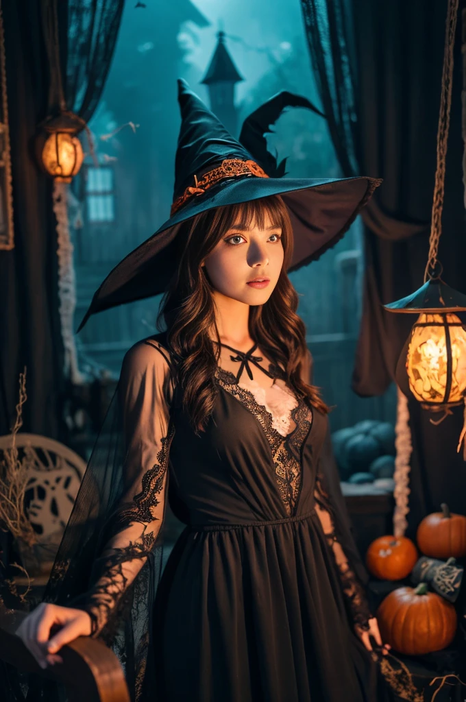 One Girl,(Sexy Lace Witch Costume:1.2),House with spooky Halloween decorations,Super detailed,Realistic:1.2,Sharp focus,Vibrant colors,Studio Lighting,Horror,Portraiture,Mysterious atmosphere,Luminous pumpkin,Creepy spider,Witch Hat,Scary masks,Haunted Furniture,Dark and eerie shadows,Moonlight shining through the window,Ghost Appearance,Witch's broom,Foggy atmosphere,Witch's Cauldron,Bats flying in the background,Walls covered with cobwebs,Magic Spellbook,Orange and black color scheme,The eyes of a mysterious girl piercing through the darkness,Mix 4, whole body, Big Breasts