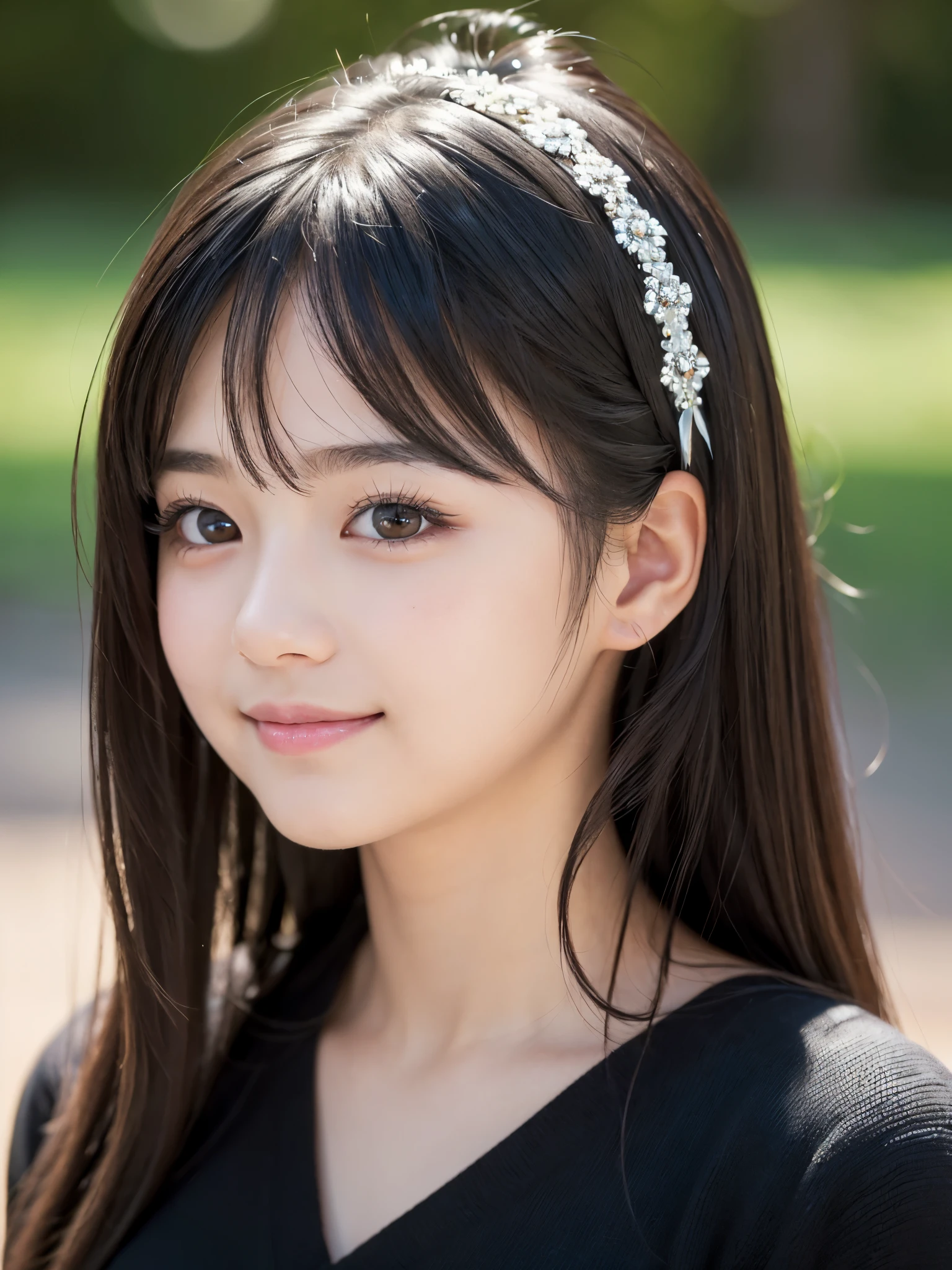 (Best-quality, Masterpiece, Ultra-High-Resolution, (Photorealistic:1.4), Raw Photo, depth of field, professional lighting, perfect anatomy, extremely details), 1girl, 13-years-old, the most famous Japanese idol, portrait, (extremely cute and extremely realistic face like the most popular Japanese idol, (extremely cute and extremely big black-realistic-eyes), extremely cute and extremely realistic black-hair), extremely cute long-eyelashes, extremely cute lips, (((extremely beautiful and extremely realistic skins))), ((innocent smile))