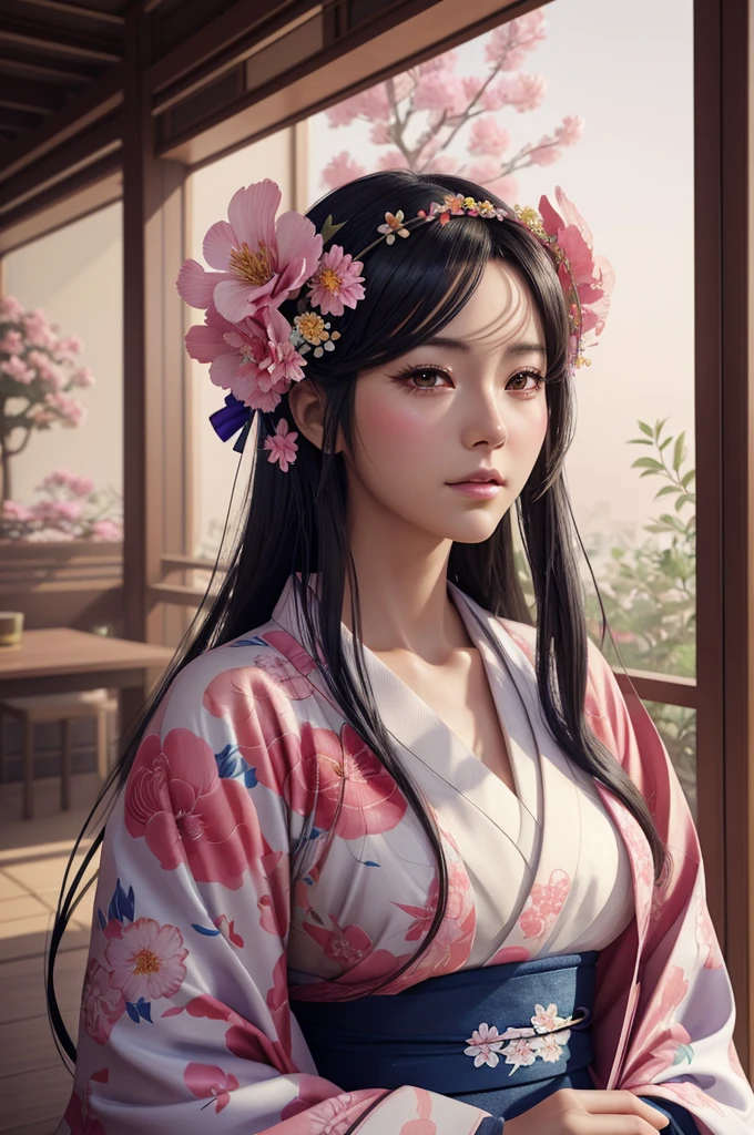 arafed woman in a kimono with flowers on her head, beautiful digital artwork, beautiful digital illustration, beautiful digital painting, gorgeous digital painting, artwork in the style of guweiz, photorealistic anime girl render, smooth anime cg art, beautiful digital art, great digital art with details, stunning digital illustration, detailed digital anime art, render of april, beautiful anime portrait