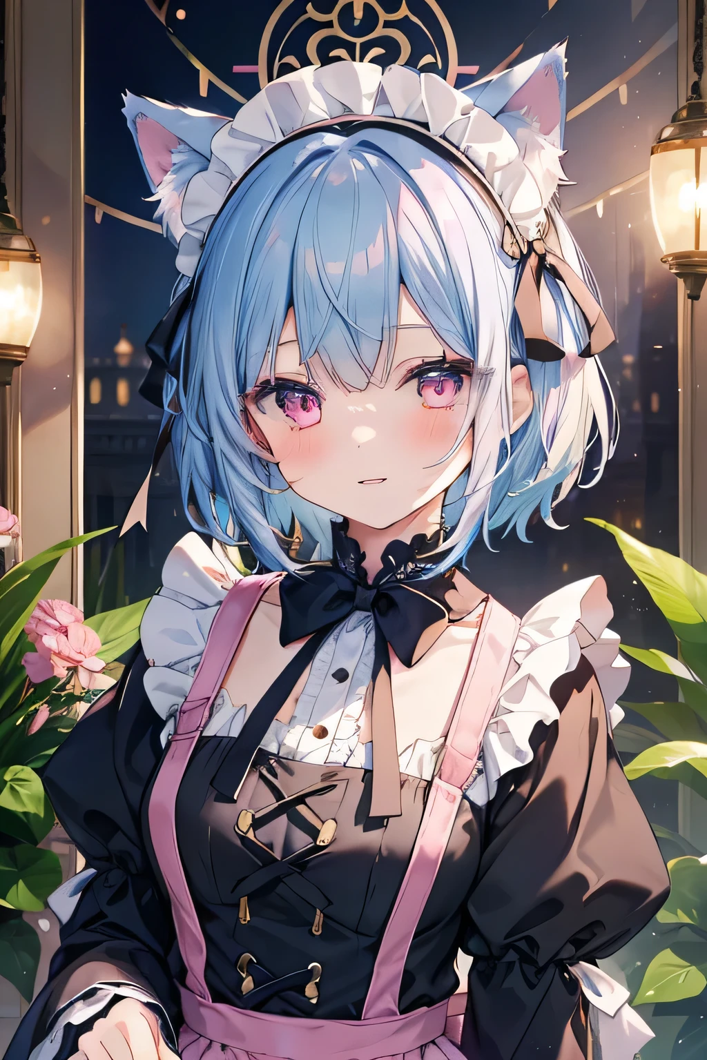 One girl, alone, View your viewers, blush, smile, short hair, Open your mouth, bangs, hair ornaments, ribbon, Animal ears, Blue Hair, hair ribbon, Frills, Removable sleeves, Cat ear, Pink Eyes, apron, black dress, Maid headdress, black ribbon, pink ribbon, Association Indoor、Beautiful stained glass details。Art Nouveau elements。