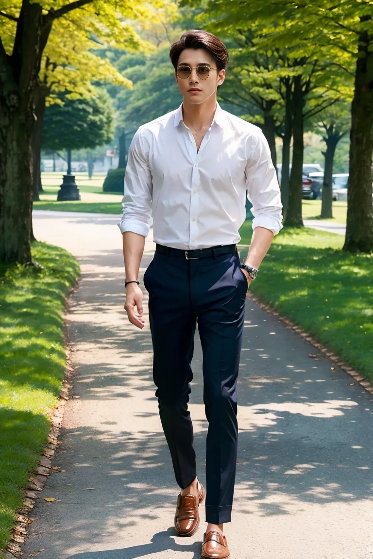 Confident stride in a fitted trousers and button-down shirt combo, paired with loafers, on a park path