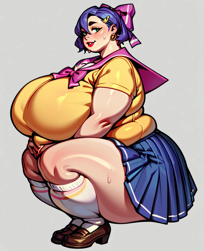 score_core_8_up,score_7_up,score_6_up,score_5_up,score_4_up,Green short hair,Green Eyes,Bow tied behind the head,Hairpin,Purple and sailor collar,Striped sailor suit,Blue pleated skirt,White socks,leather shoes,Doudou Eyebrows,Wide hips,Thick thighs,Huge brege ass,Protrug belly ssbBW,Fat,Double belly,Sweat,Bow at the back of the hair,Red lipstick,Hair between eyes,Big earrings,