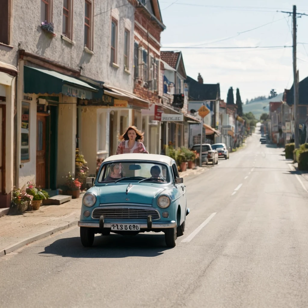 Image of a car with a woman driving walking on the street in a country town 

