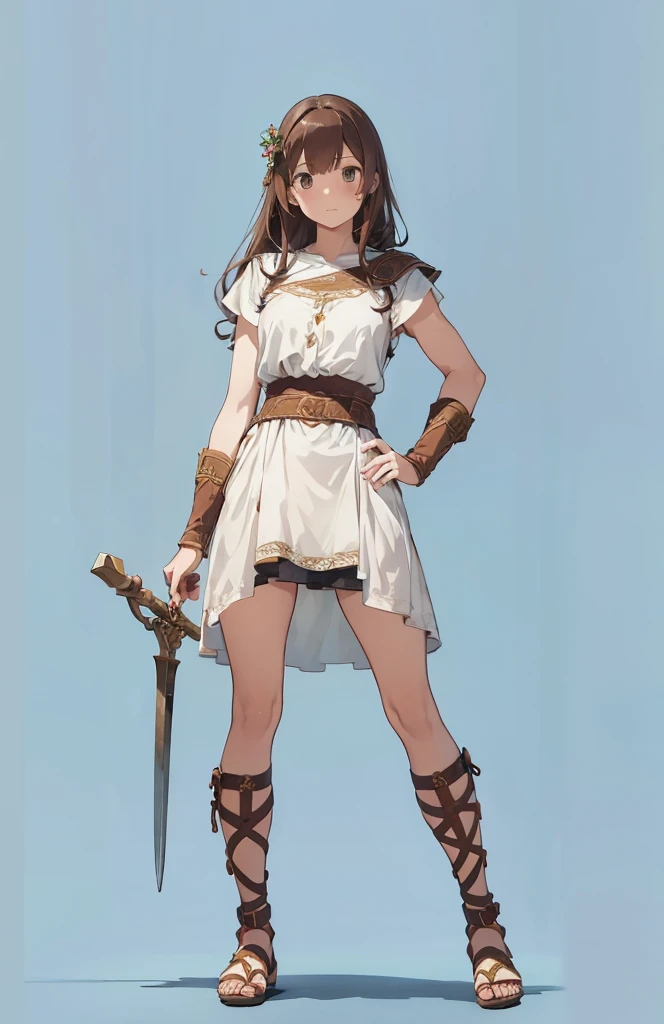 a drawing of an illustration of a woman dressed in roman style clothes holding a spear, 1girl, solo, brown hair, sandals, long hair, hand on hip, dress