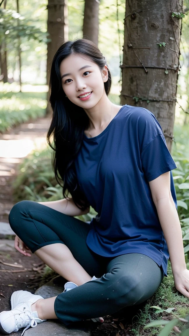 masterpiece, best quality, Surreal, Ultra Detailed, 8k resolution, RAW photos, Clear focus, (A girl in the forest), ((navy blue shirt:1.1)), Short sleeve, Long sweatpants,Full body posture, Solitary, Perfect body, Become a, 32 inches in the chest,(a charming smile:1), (sexy pose)，26 years old, light,White shoes